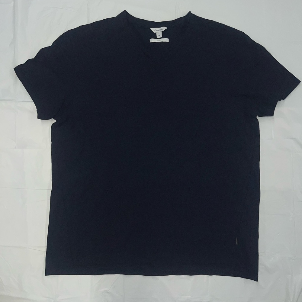 Calvin Klein Large Blue V-neck Slim Fit Short Sleeve Soft 100% Cotton Tee Shirt